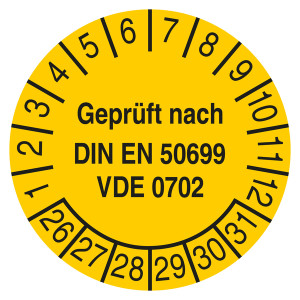 Prüfplakette Geprüft nach DIN EN 50699 VDE 0702 Gelb