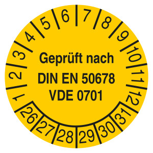 Prüfplakette Geprüft nach DIN EN 50678 VDE 0701 Gelb
