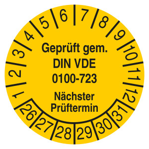 Prüfplakette Geprüft gem. DIN VDE 0100-723 Nächster Prüftermin Gelb