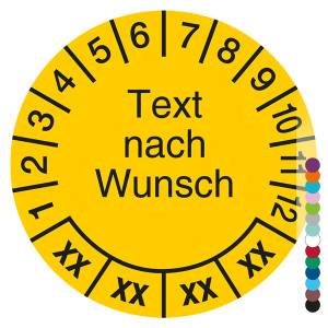 Mehrjahresprüfplakette mit Wunschtext und Wunschfarbe rund für 4 Jahre