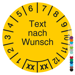 Mehrjahresprüfplakette mit Wunschtext und Wunschfarbe rund für 2 Jahre, Jahreszahl zweistellig
