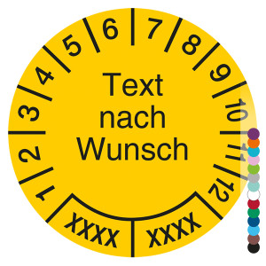 Mehrjahresprüfplakette mit Wunschtext und Wunschfarbe rund für 2 Jahre, Jahreszahl vierstellig