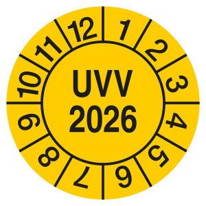 Prüfplakette UVV geprüft mit Jahreszahl Gelb