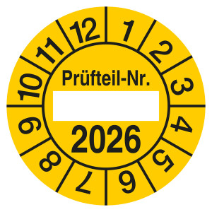 Prüfplakette Prüfteil-Nr. mit Jahreszahl Gelb