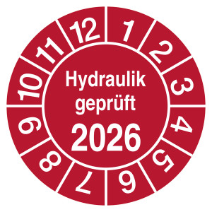 Prüfplakette Hydraulik geprüft mit Jahreszahl Rot