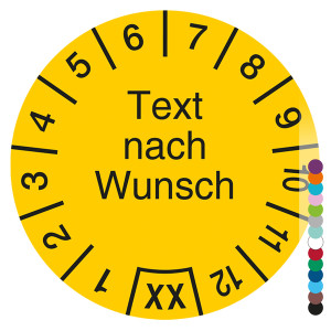 Jahresprüfplakette mit Wunschtext und Wunschfarbe rund, Jahreszahl zweistellig