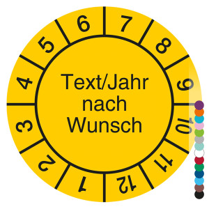 Jahresprüfplakette mit Wunschtext, Jahreszahl und Wunschfarbe rund