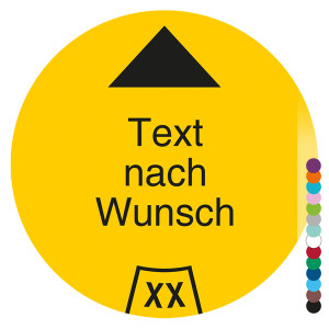 Jahresprüfplakette mit Wunschtext und Pfeil, Jahreszahl zweistellig rund