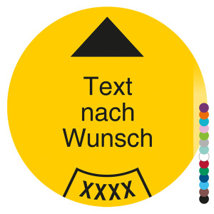 Jahresprüfplakette mit Wunschtext und Pfeil, Jahreszahl vierstellig rund