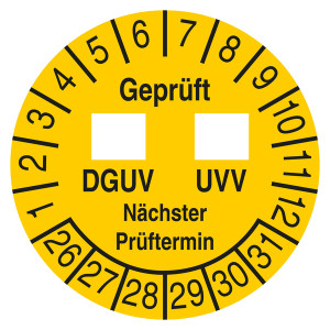 Prüfplakette Geprüft DGUV UVV Nächster Prüftermin Gelb