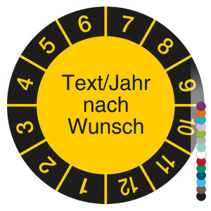 Jahresprüfplakette mit Wunschtext, Jahr und Wunschfarbe rund