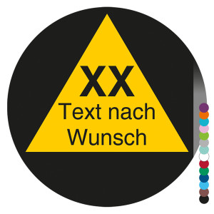 Jahresprüfplakette mit Wunschtext und Jahreszahl zweistellig rund