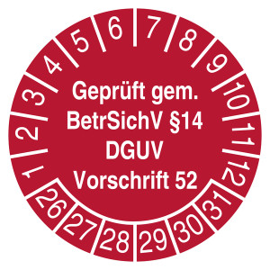Prüfplakette Geprüft gem. BetrSichV §14 DGUV Vorschrift 52 Rot
