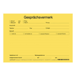 Gesprächsvermerk DIN A5 quer, gelb 100 Blatt/Block, gelocht