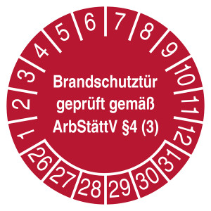 Prüfplakette Brandschutztür geprüft gemäß ArbStättV §4 (3) Rot