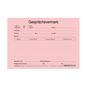 Gesprächsvermerk DIN A5 quer, rosa, 100 Blatt/Block gelocht