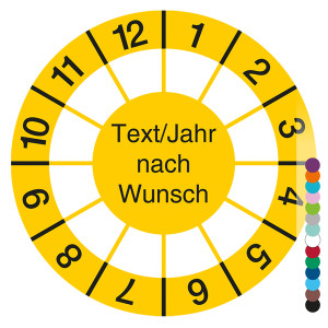 Jahresprüfplakette mit Wunschtext, Jahr und Farbe nach Wunsch rund