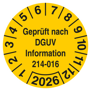 Prüfplakette Geprüft nach DGUV Information 214-016 mit Jahreszahl Gelb