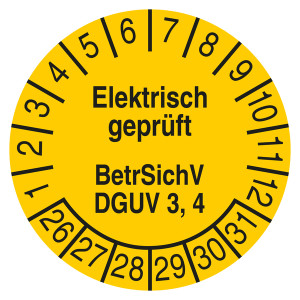 Prüfplakette Elektrisch geprüft Betr.SichV DGUV 3, 4 Gelb