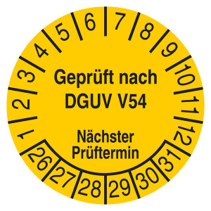 Prüfplakette Geprüft nach DGUV V54 Nächster Prüftermin Gelb