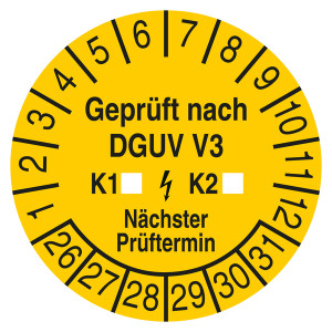 Prüfplakette Geprüft nach DGUV V3 K1 K2 Nächster Prüftermin Gelb