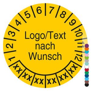 Mehrjahresprüfplakette mit Logo, Wunschtext und Wunschfarbe rund für 6 Jahre