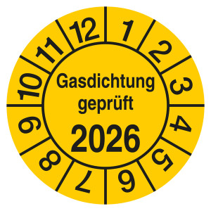 Prüfplakette Gasdichtung geprüft mit Jahreszahl Gelb
