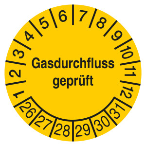 Prüfplakette Gasdurchfluss geprüft Gelb