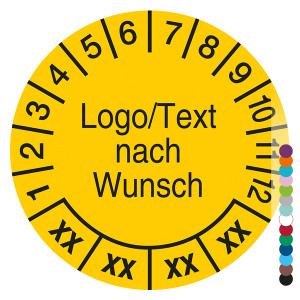 Mehrjahresprüfplakette mit Logo, Wunschtext und Wunschfarbe rund für 4 Jahre
