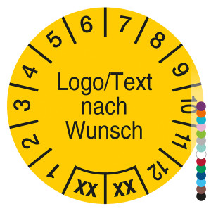 Mehrjahresprüfplakette mit Logo, Wunschtext und Wunschfarbe rund für 2 Jahre, Jahreszahl zweistellig