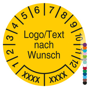 Mehrjahresprüfplakette mit Logo, Wunschtext und Wunschfarbe rund für 2 Jahre, Jahreszahl vierstellig