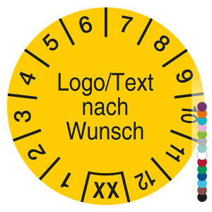 Jahresprüfplakette mit Logo, Wunschtext und Wunschfarbe rund, Jahreszahl zweistellig