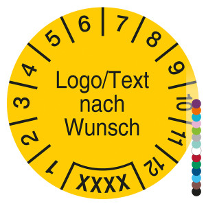 Jahresprüfplakette mit Logo, Wunschtext und Wunschfarbe rund, Jahreszahl vierstellig