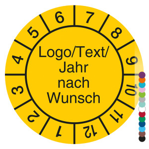 Jahresprüfplakette mit Logo, Wunschtext und Jahreszahl