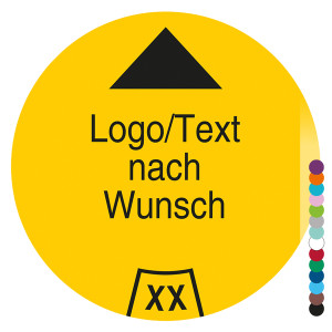 Jahresprüfplakette mit Logo, Wunschtext und Pfeil, Jahreszahl zweistellig rund