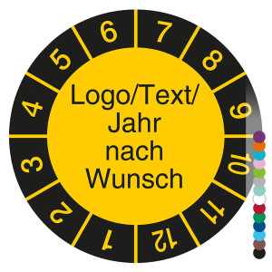 Jahresprüfplakette mit Logo, Wunschtext und Jahr
