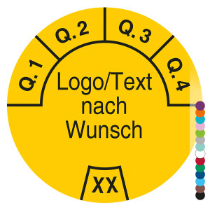 Jahresprüfplakette mit Logo, Wunschtext und Wunschfarbe, Jahreszahl zweistellig