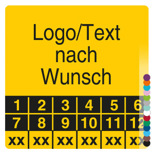 Mehrjahresprüfplakette mit Logo, Wunschtext und Wunschfarbe quadratisch für 6 Jahre