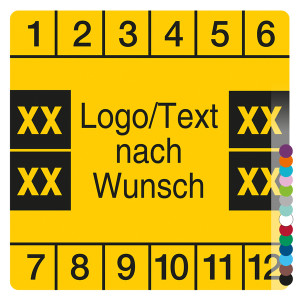 Mehrjahresprüfplakette mit Logo, Wunschtext und Wunschfarbe quadratisch für 4 Jahre