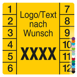 Jahresprüfplakette mit Logo, Wunschtext, Wunschfarbe und Jahreszahl quadratisch