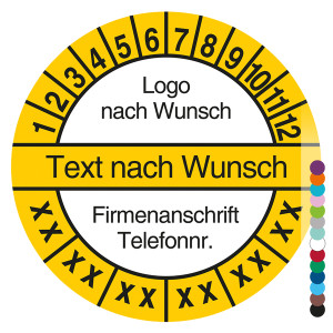 Mehrjahresprüfplakette mit Logo, Wunschtext, Firmendaten und Wunschfarbe rund für 6 Jahre