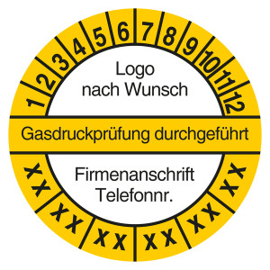 Mehrjahresprüfplakette Gasdruckprüfung durchgeführt mit Logo und Firmendaten