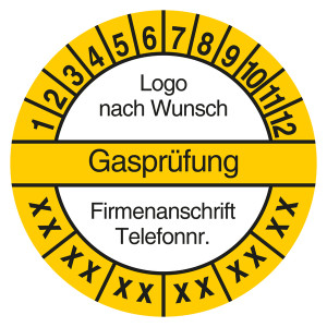 Mehrjahresprüfplakette Gasprüfung mit Logo und Firmendaten