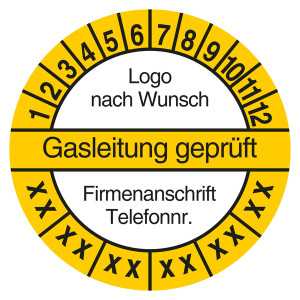 Mehrjahresprüfplakette Gasleitung geprüft mit Logo und Firmendaten