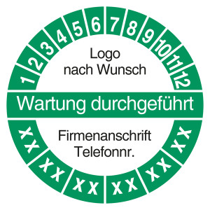 Mehrjahresprüfplakette Wartung durchgeführt mit Logo und Firmendaten