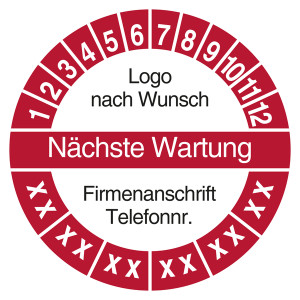 Mehrjahresprüfplakette Nächste Wartung mit Logo und Firmendaten