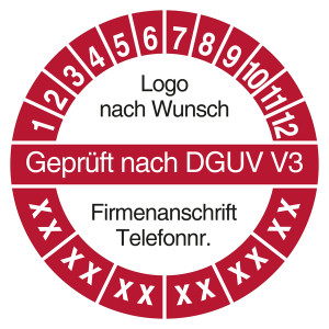 Mehrjahresprüfplakette Geprüft nach DGUV V3 mit Logo und Firmendaten