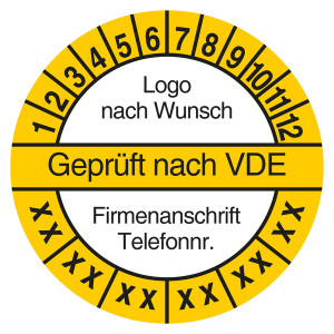 Mehrjahresprüfplakette Geprüft nach VDE mit Logo und Firmendaten