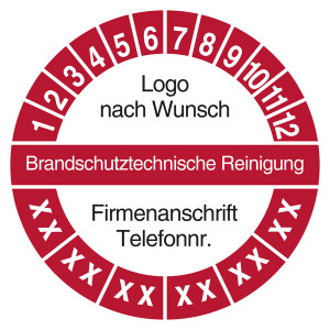 Mehrjahresprüfplakette Brandschutztechnische Reinigung mit Logo und Firmendaten