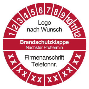Mehrjahresprüfplakette Brandschutzklappe Nächster Prüftermin mit Logo und Firmendaten
